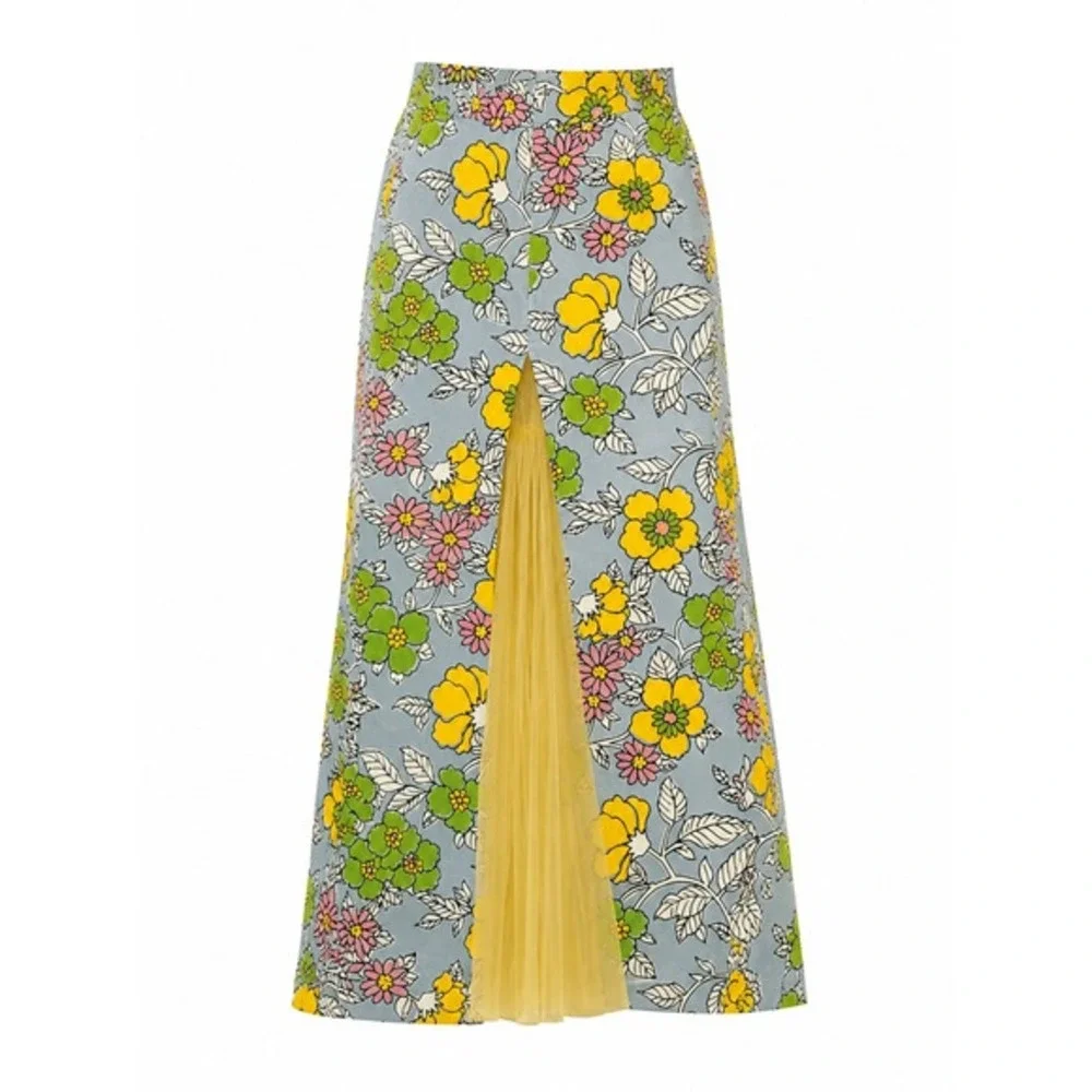 Tory Burch Upcycled Floral Maxi Skirt with Yellow Tulle Godet Slit Size 4